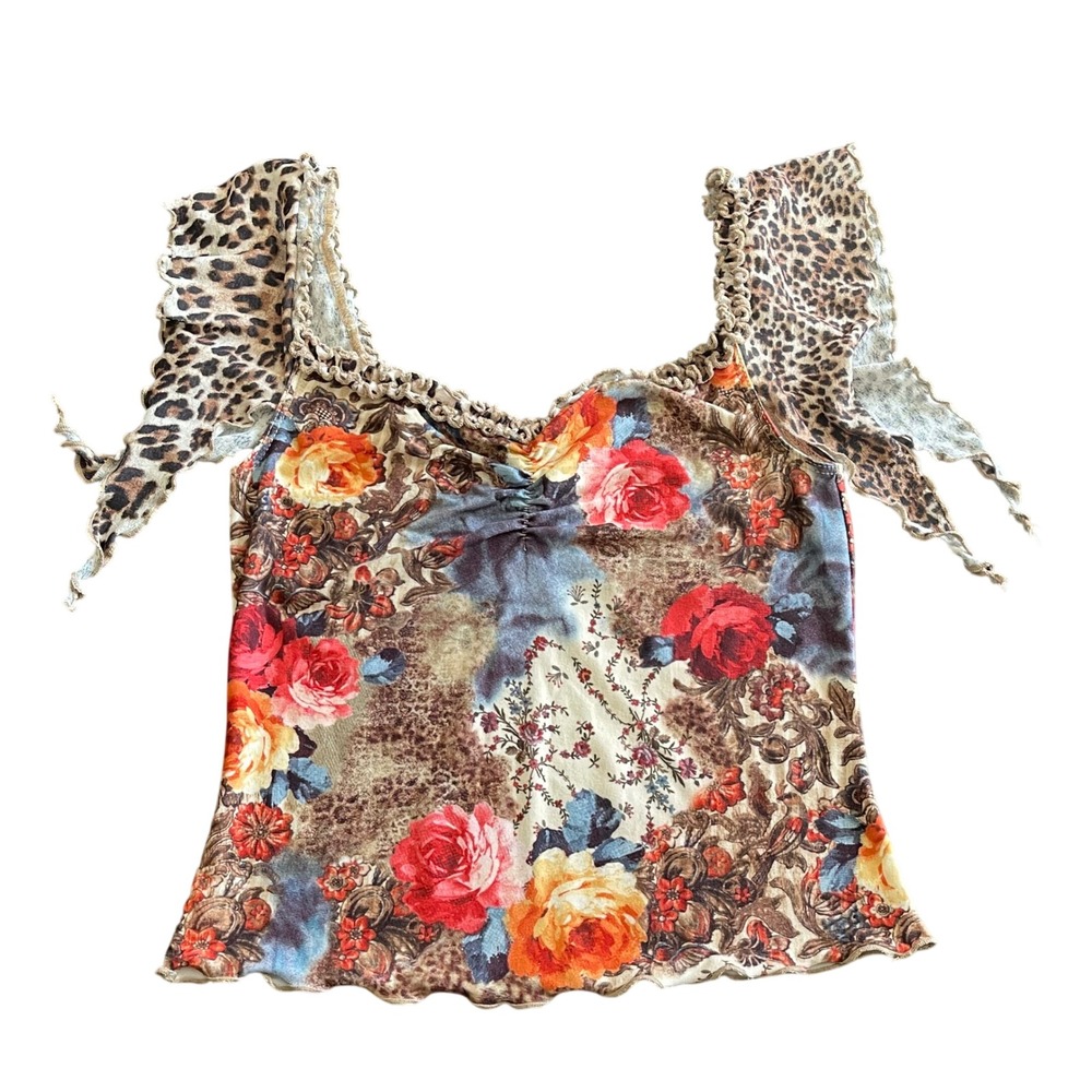 Vintage XOXO Jeans Y2K Floral Leopard Print Ruffle Top Small Made in USA